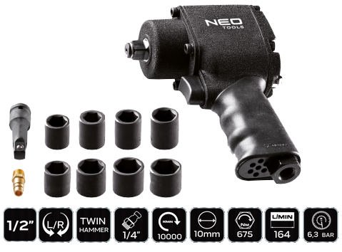 Klucz pneumatyczny udarowy 1/2" 675Nm +nasadki Neo